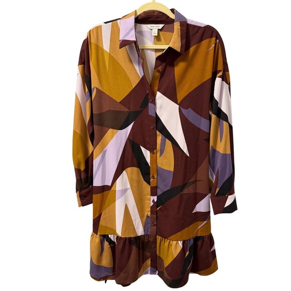 Nine West Abstract Print Button-Down Dress With Ruffle Hem 3/4 Sleeves Sz M dres - Picture 1 of 12